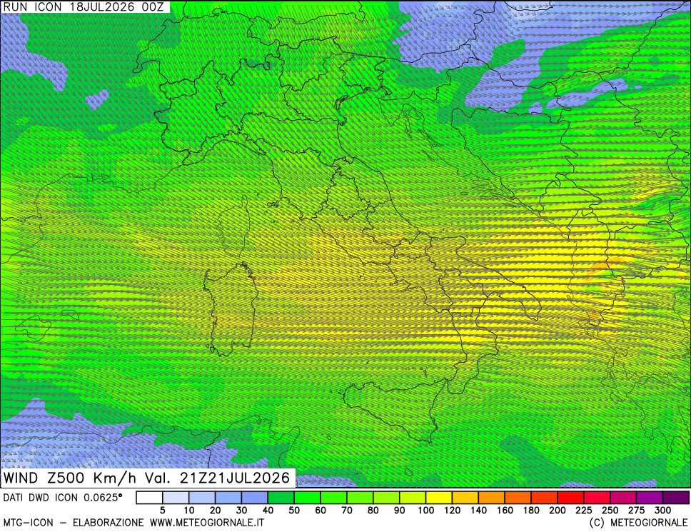 mappa 500 hPa Vento forza e direzione