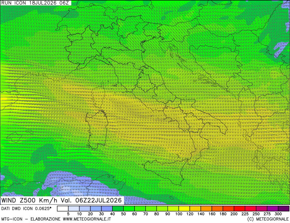 mappa 500 hPa Vento forza e direzione