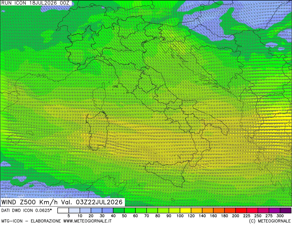 mappa 500 hPa Vento forza e direzione
