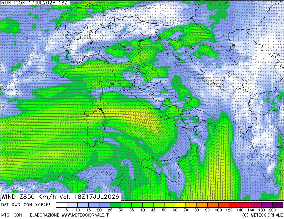 mappa 850 hPa Vento forza e direzione