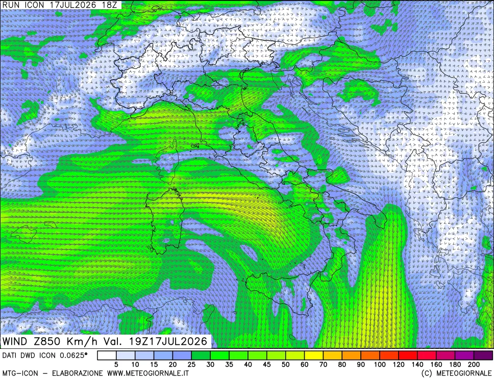 mappa 850 hPa Vento forza e direzione