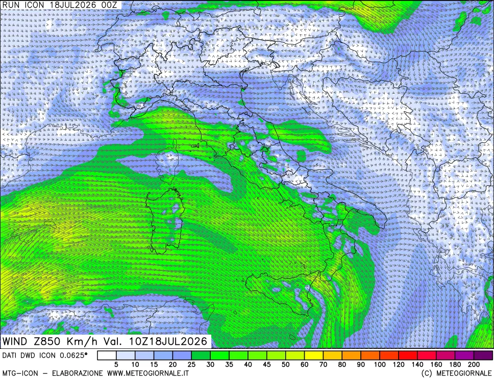 mappa 850 hPa Vento forza e direzione