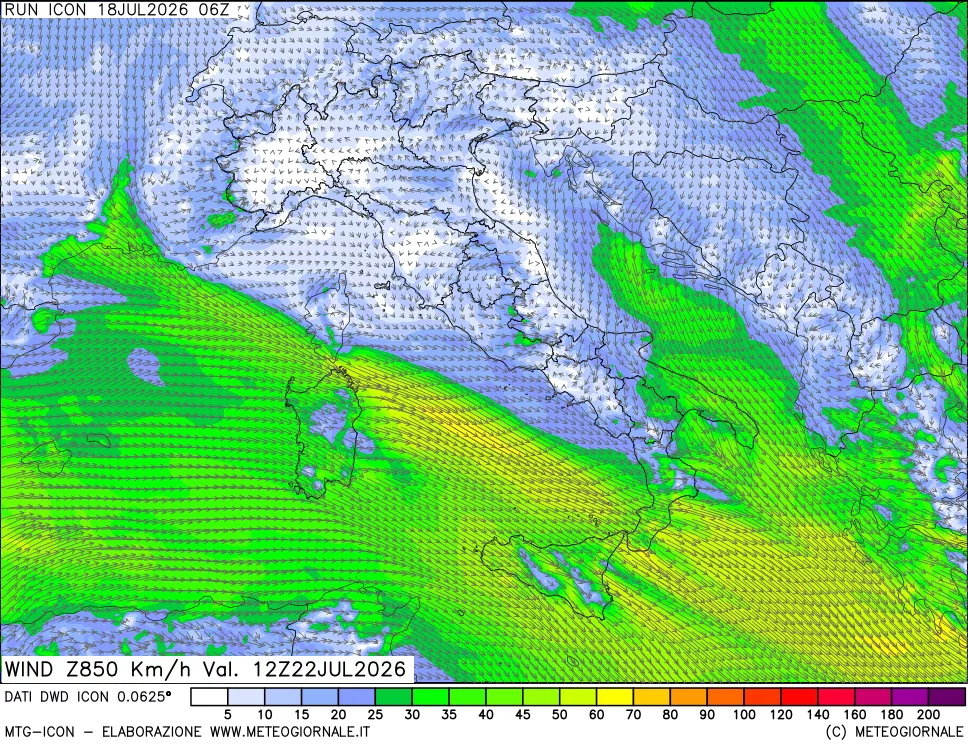 mappa 850 hPa Vento forza e direzione