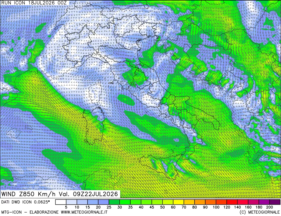 mappa 850 hPa Vento forza e direzione