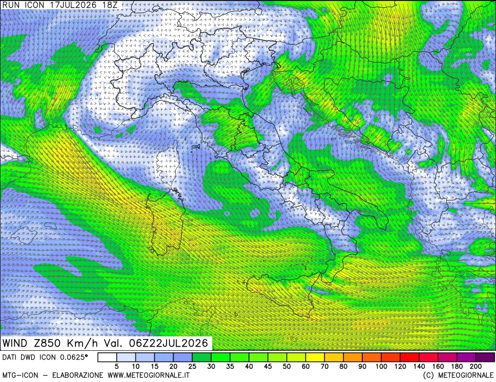 mappa 850 hPa Vento forza e direzione