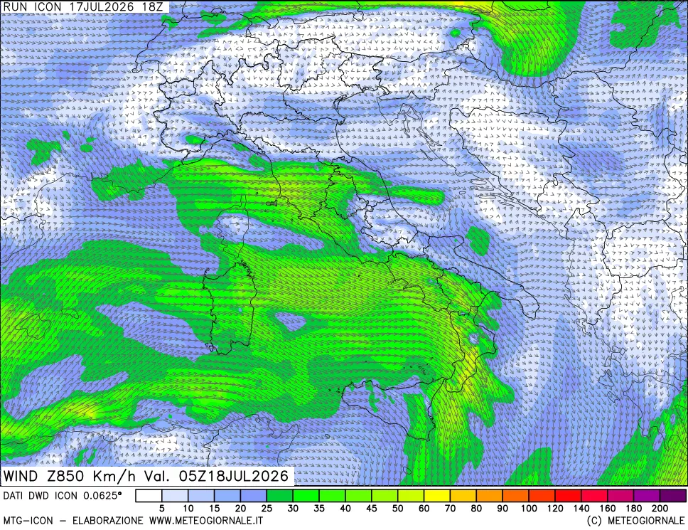 mappa 850 hPa Vento forza e direzione
