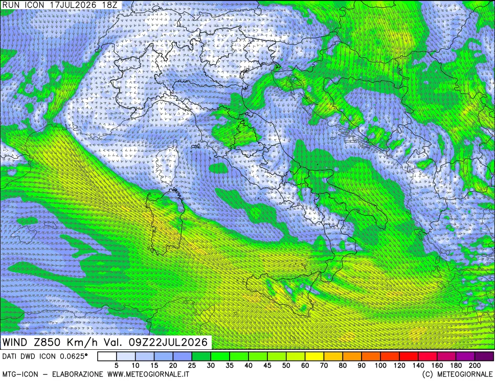 mappa 850 hPa Vento forza e direzione