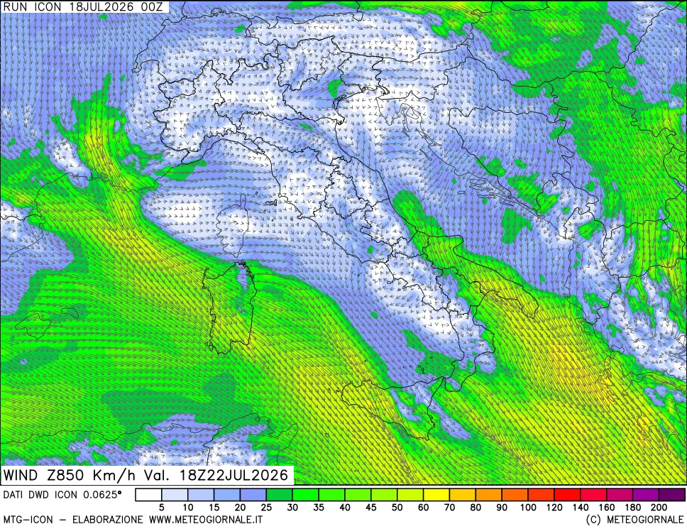 mappa 850 hPa Vento forza e direzione