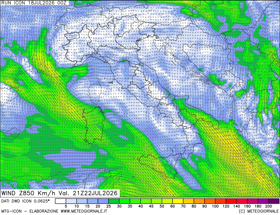 mappa 850 hPa Vento forza e direzione