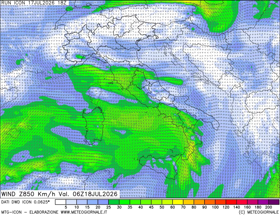 mappa 850 hPa Vento forza e direzione