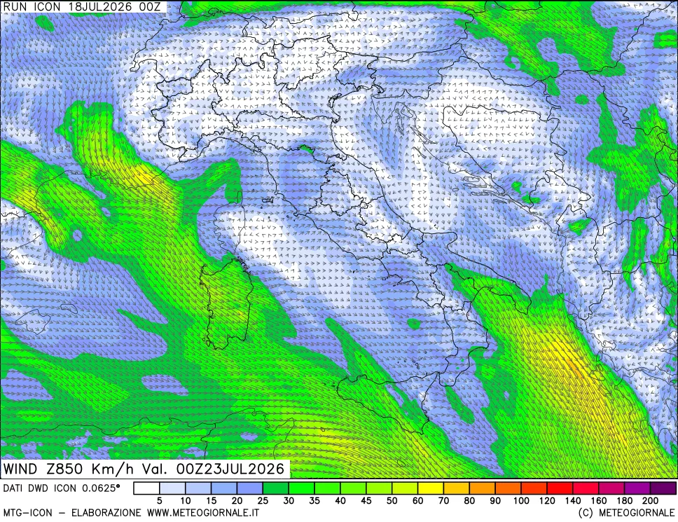 mappa 850 hPa Vento forza e direzione