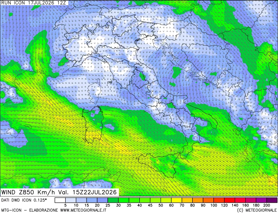 mappa 850 hPa Vento forza e direzione