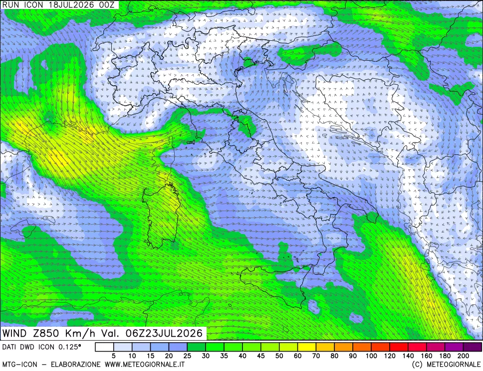 mappa 850 hPa Vento forza e direzione