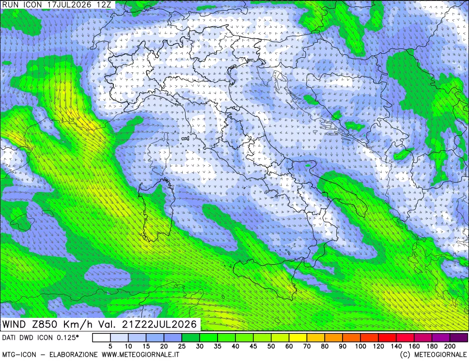 mappa 850 hPa Vento forza e direzione