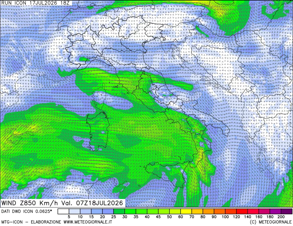 mappa 850 hPa Vento forza e direzione