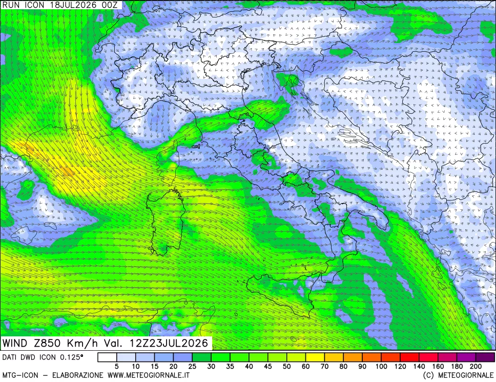mappa 850 hPa Vento forza e direzione