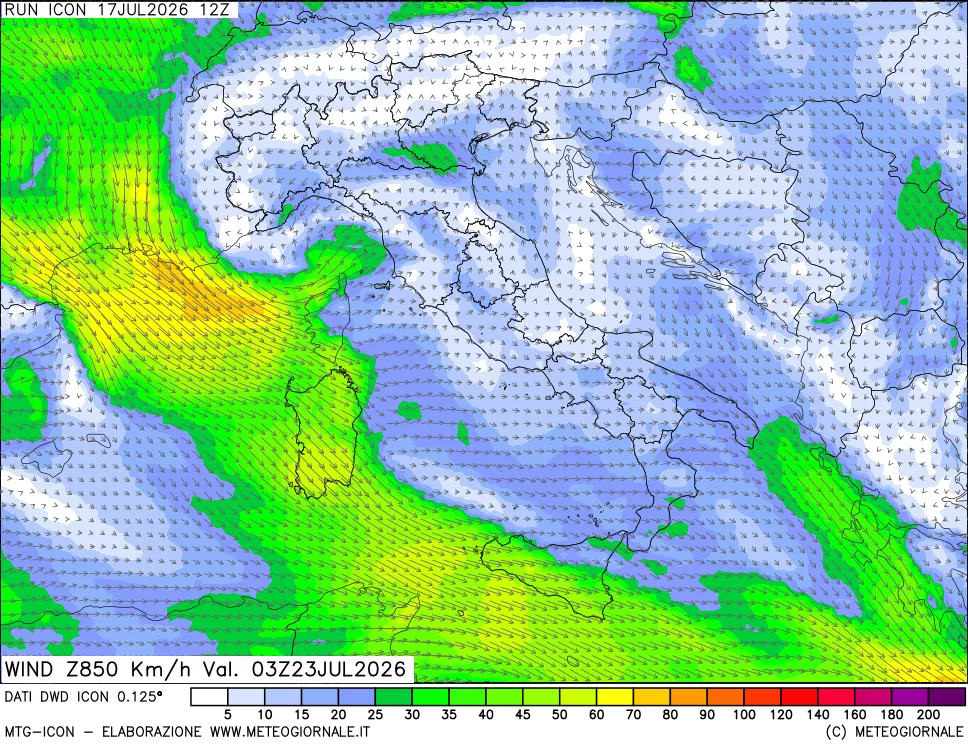 mappa 850 hPa Vento forza e direzione