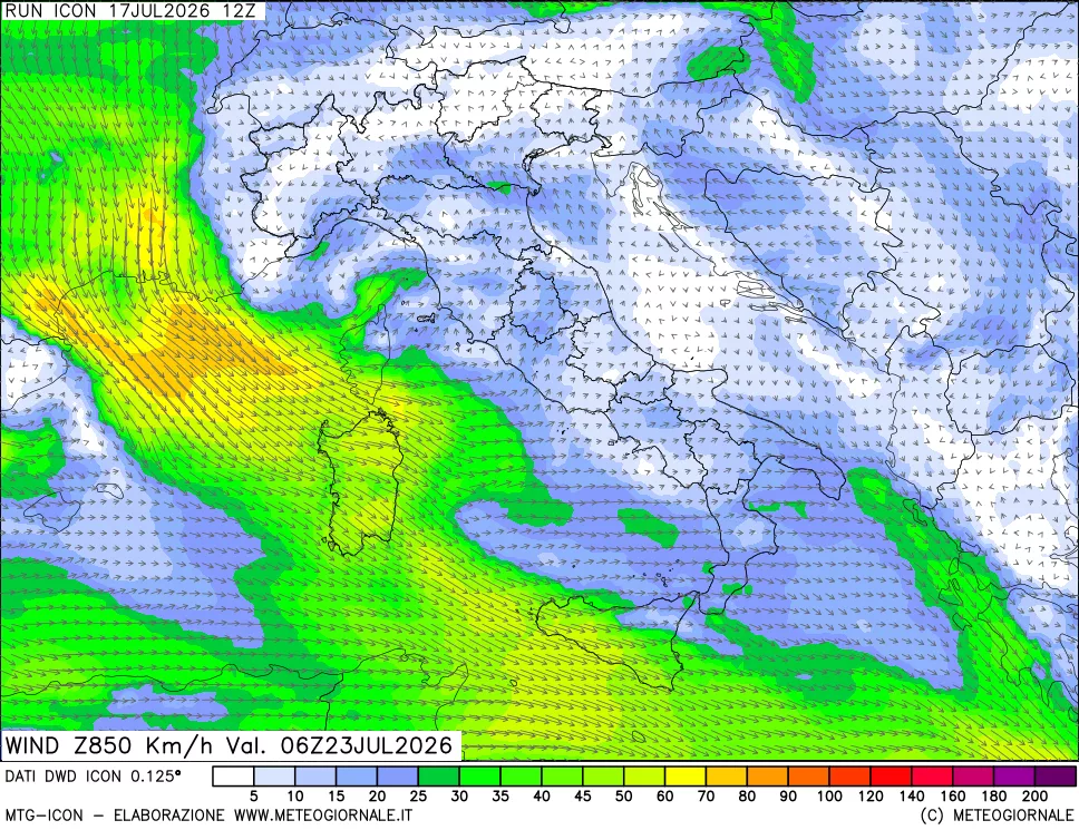mappa 850 hPa Vento forza e direzione