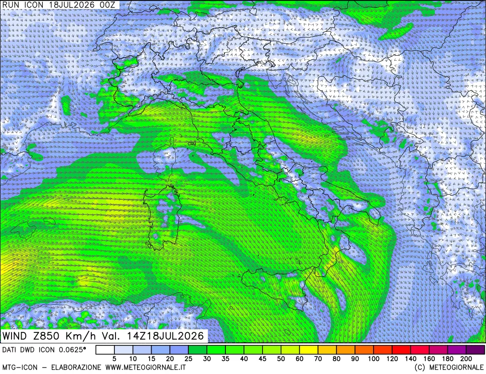 mappa 850 hPa Vento forza e direzione