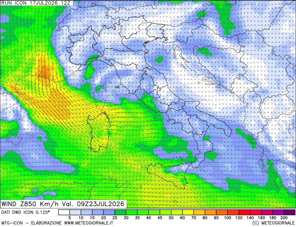 mappa 850 hPa Vento forza e direzione