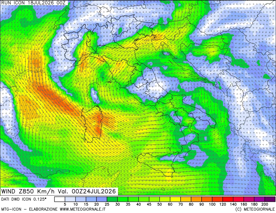 mappa 850 hPa Vento forza e direzione