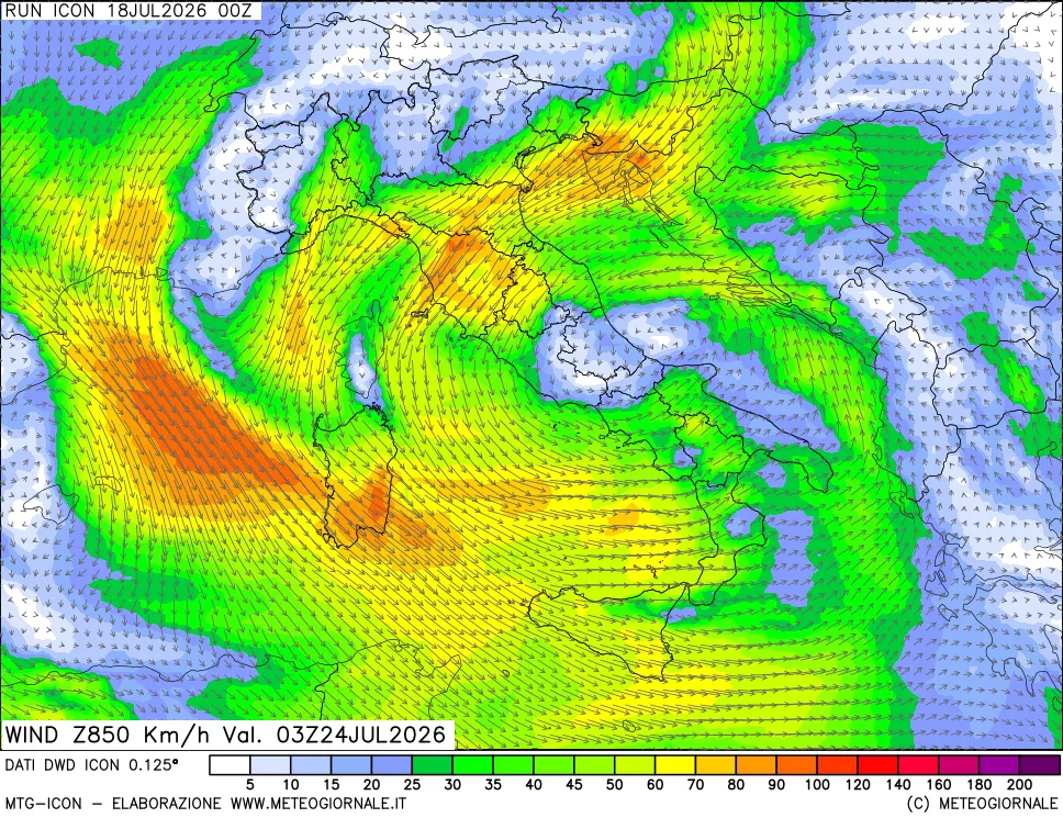 mappa 850 hPa Vento forza e direzione