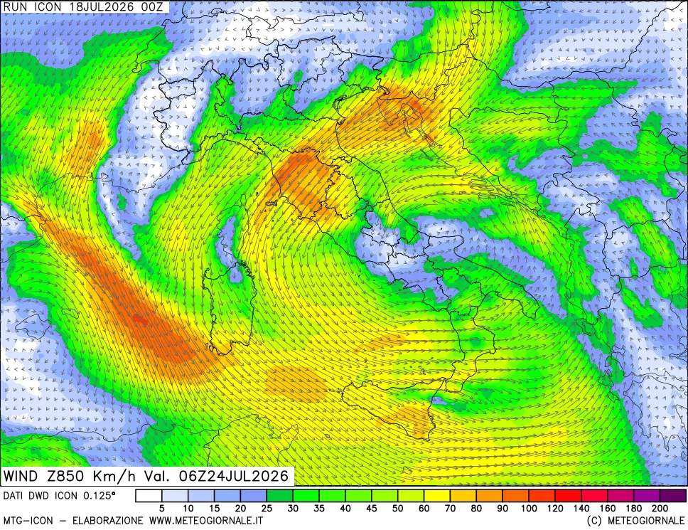 mappa 850 hPa Vento forza e direzione