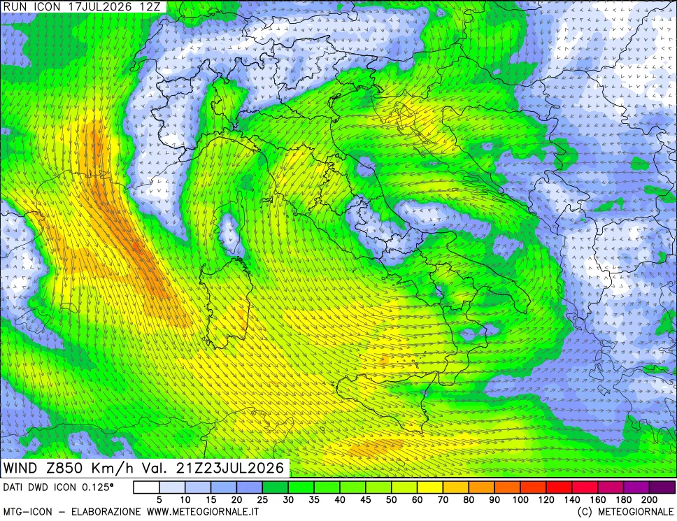 mappa 850 hPa Vento forza e direzione