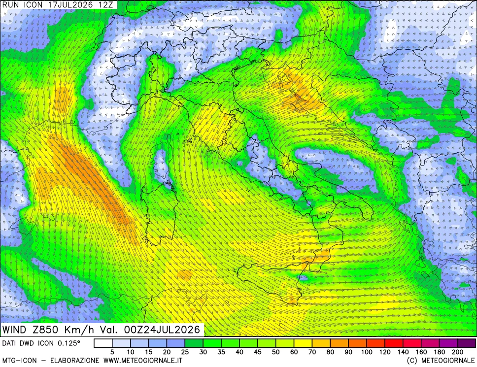 mappa 850 hPa Vento forza e direzione