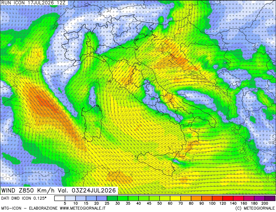 mappa 850 hPa Vento forza e direzione
