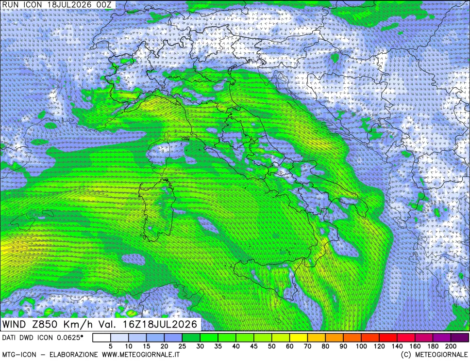 mappa 850 hPa Vento forza e direzione