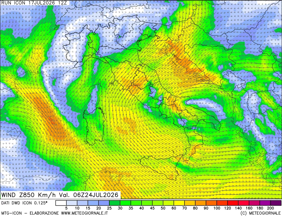 mappa 850 hPa Vento forza e direzione