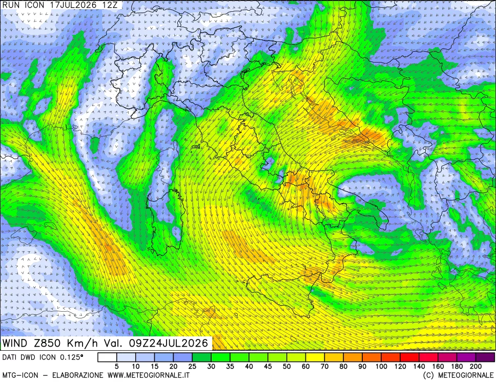 mappa 850 hPa Vento forza e direzione