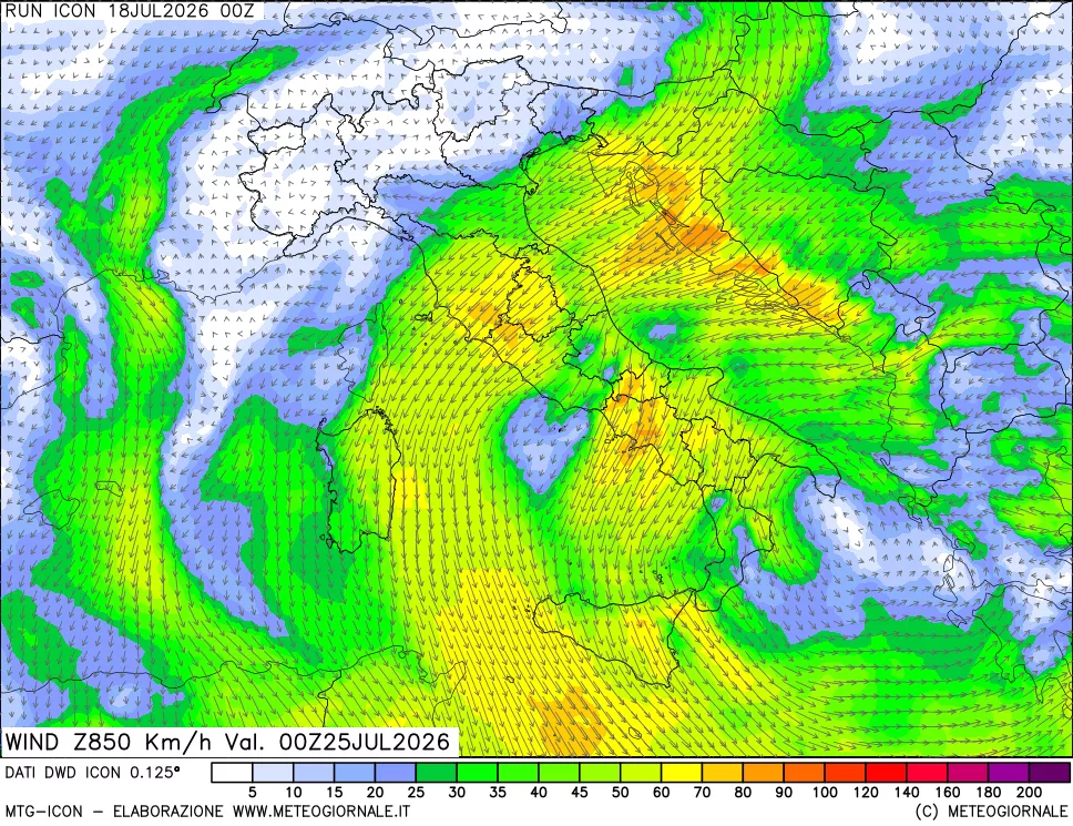 mappa 850 hPa Vento forza e direzione