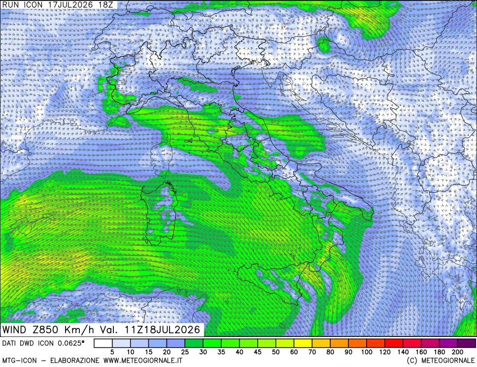 mappa 850 hPa Vento forza e direzione