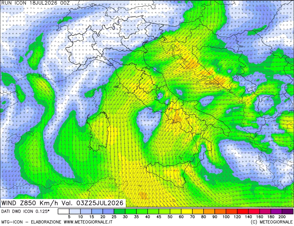 mappa 850 hPa Vento forza e direzione