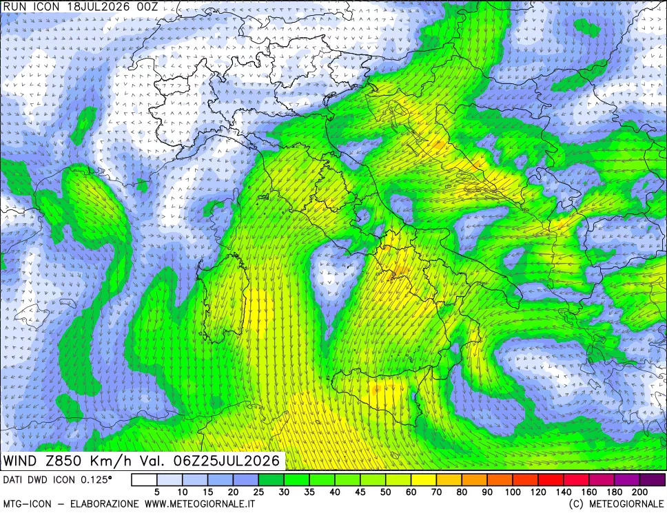 mappa 850 hPa Vento forza e direzione