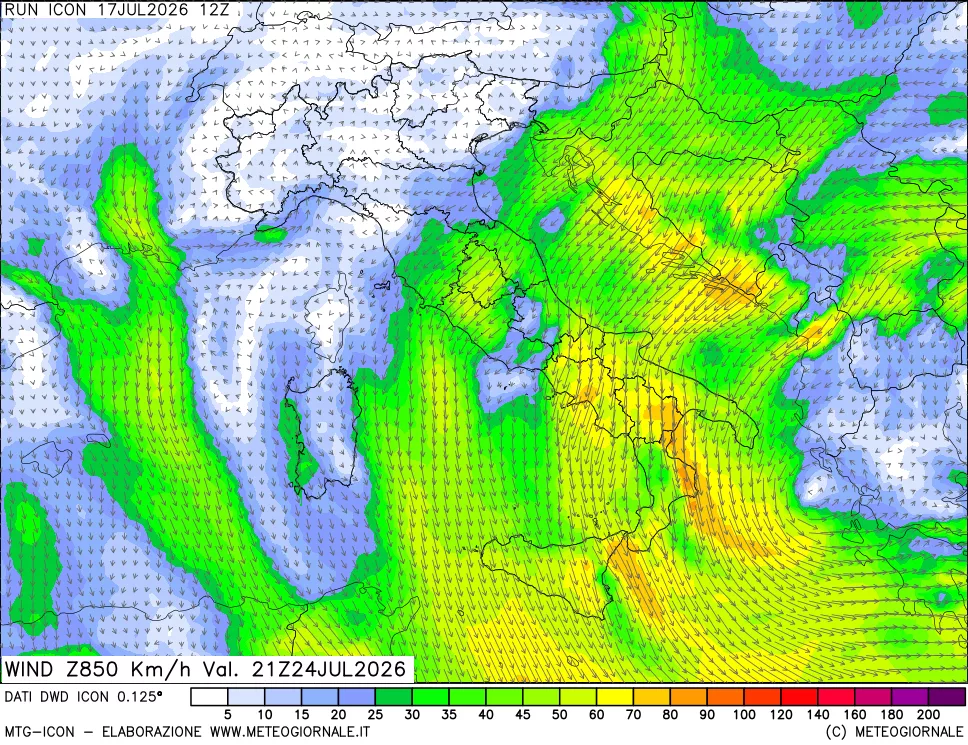 mappa 850 hPa Vento forza e direzione