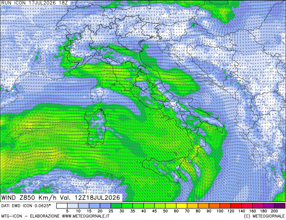 mappa 850 hPa Vento forza e direzione