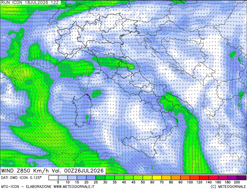 mappa 850 hPa Vento forza e direzione