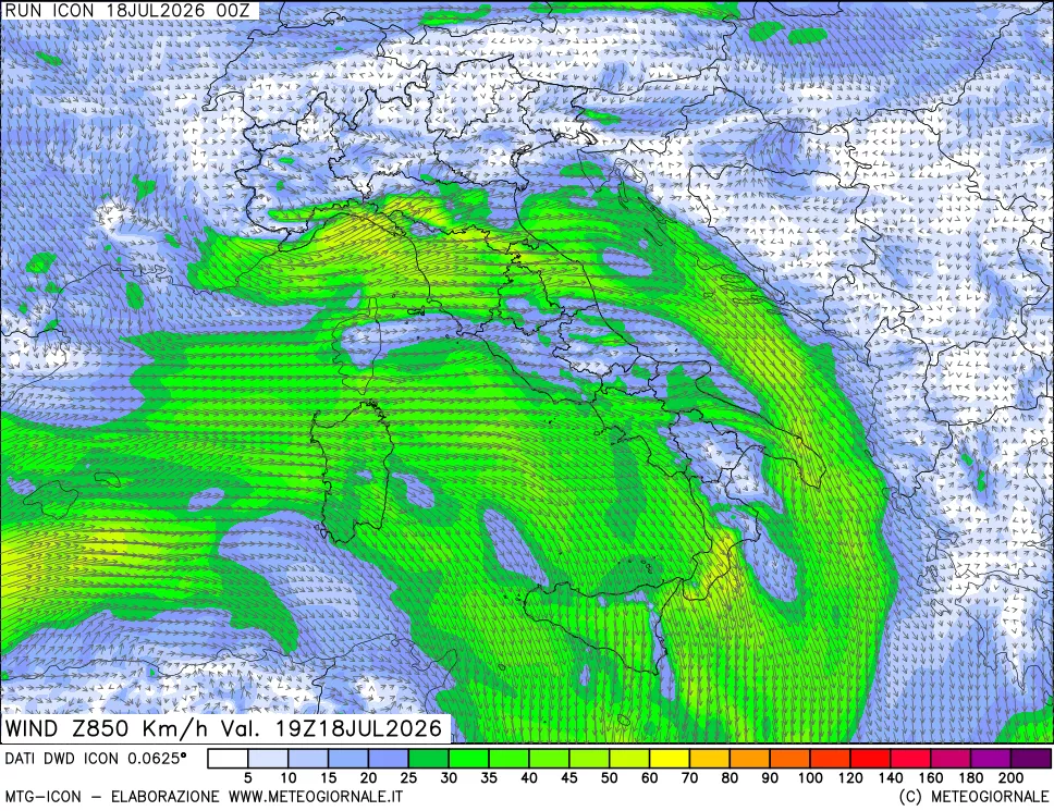 mappa 850 hPa Vento forza e direzione
