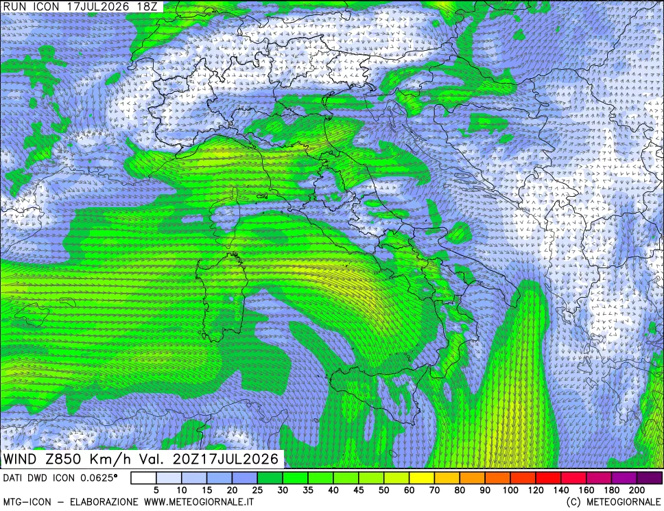 mappa 850 hPa Vento forza e direzione