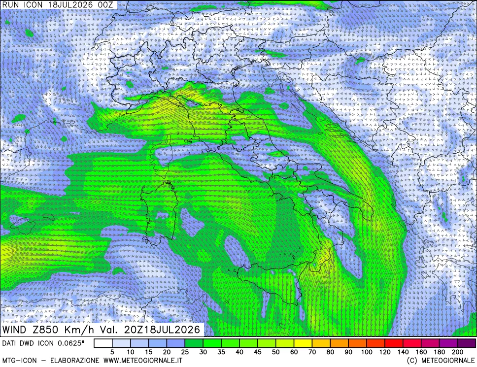 mappa 850 hPa Vento forza e direzione