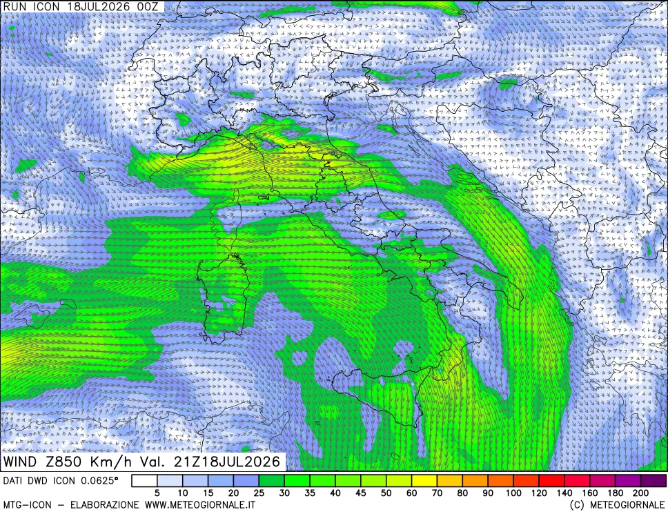 mappa 850 hPa Vento forza e direzione