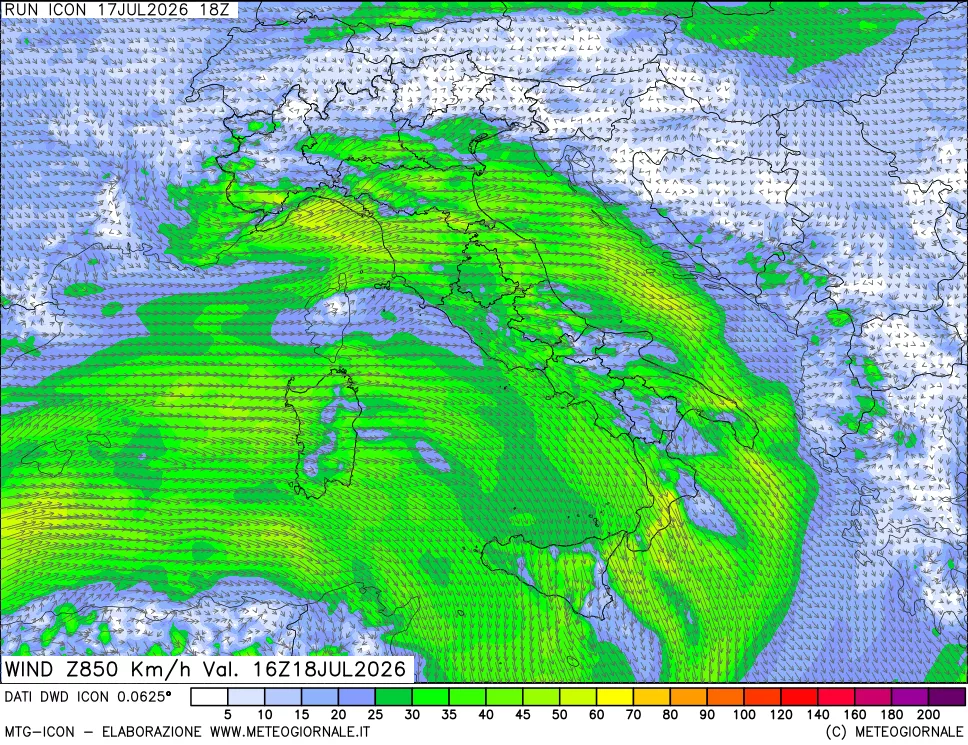 mappa 850 hPa Vento forza e direzione