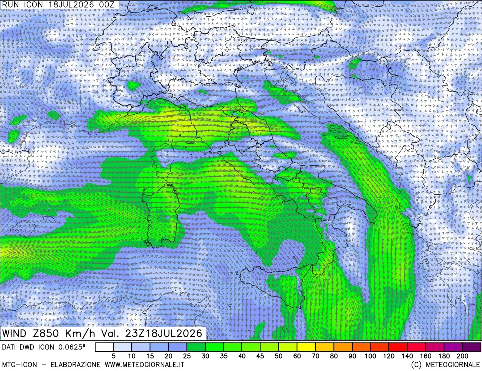 mappa 850 hPa Vento forza e direzione