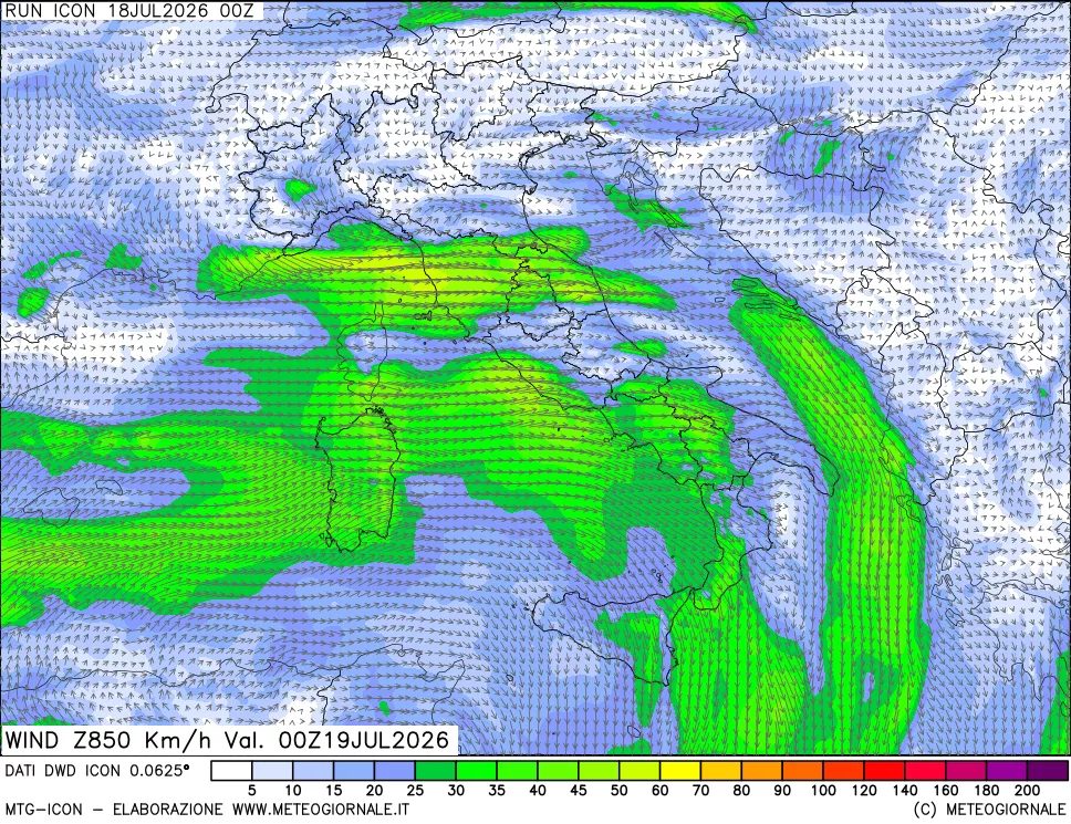 mappa 850 hPa Vento forza e direzione