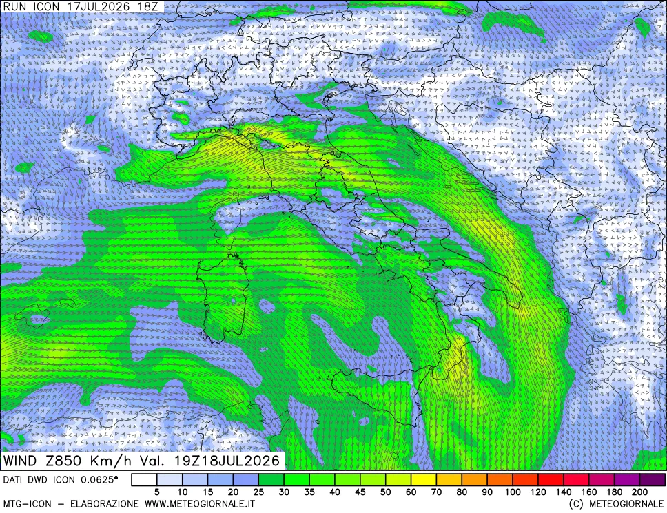 mappa 850 hPa Vento forza e direzione