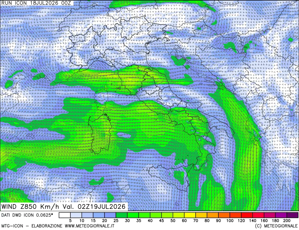 mappa 850 hPa Vento forza e direzione