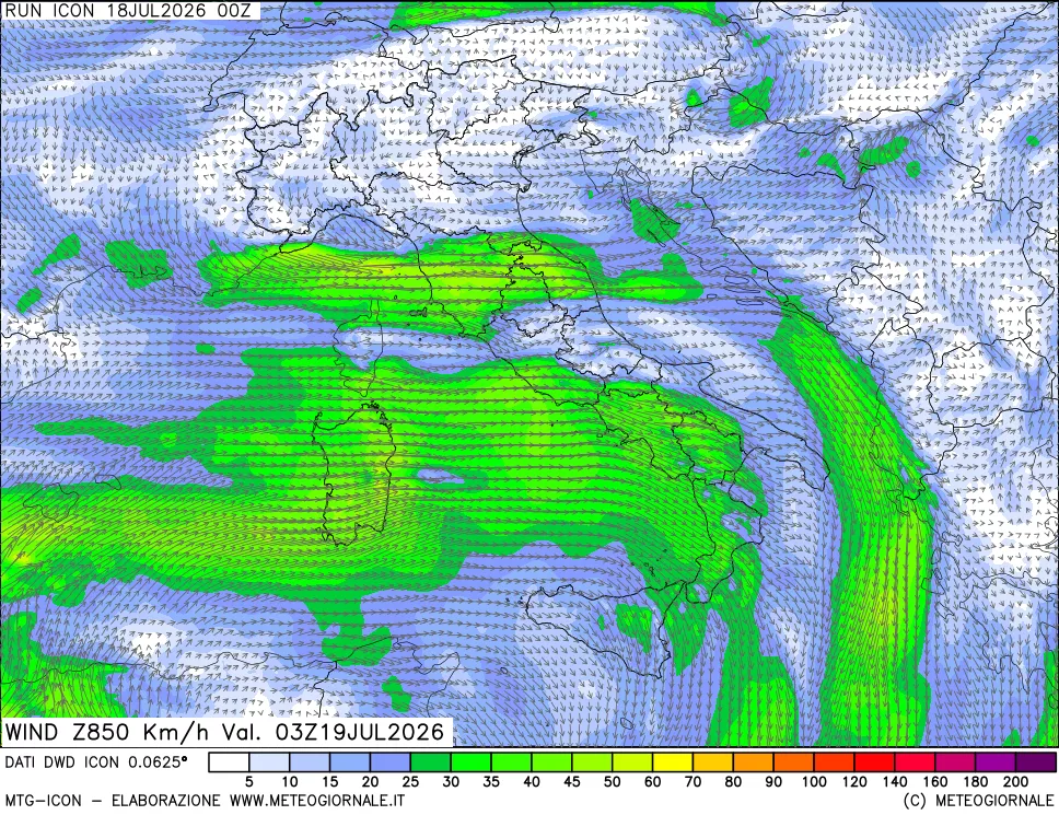 mappa 850 hPa Vento forza e direzione
